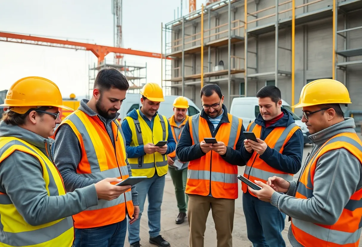 Tradespeople on a construction site using mobile devices with voice-enabled construction software and AI overlays
