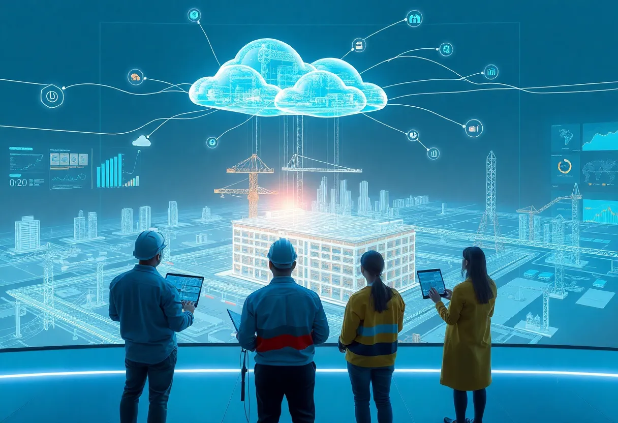 Construction site with digital overlays, cloud icons and AI data streams representing Procore and AWS collaboration