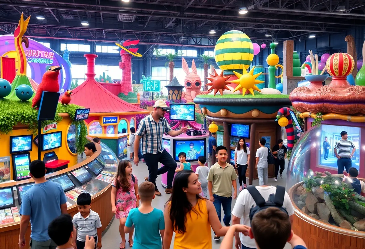 A theme park with various attractions and happy visitors.