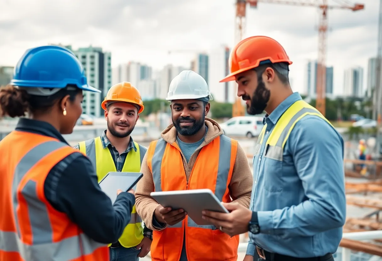 Construction workers collaborating with technology in Miami