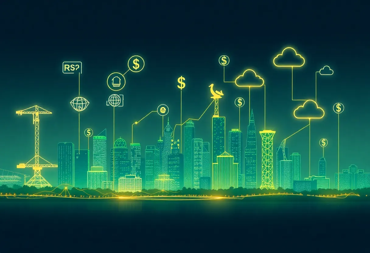 Abstract digital illustration of Brazilian SaaS ecosystem with network lines, currency symbols and growth arrows