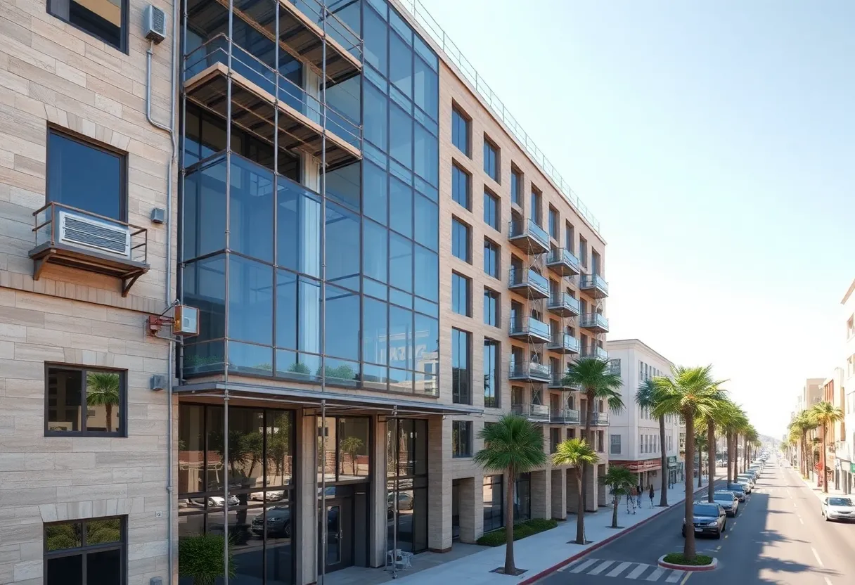 Courtyard-style mid-rise building under renovation in downtown Santa Monica with scaffolding and construction equipment.