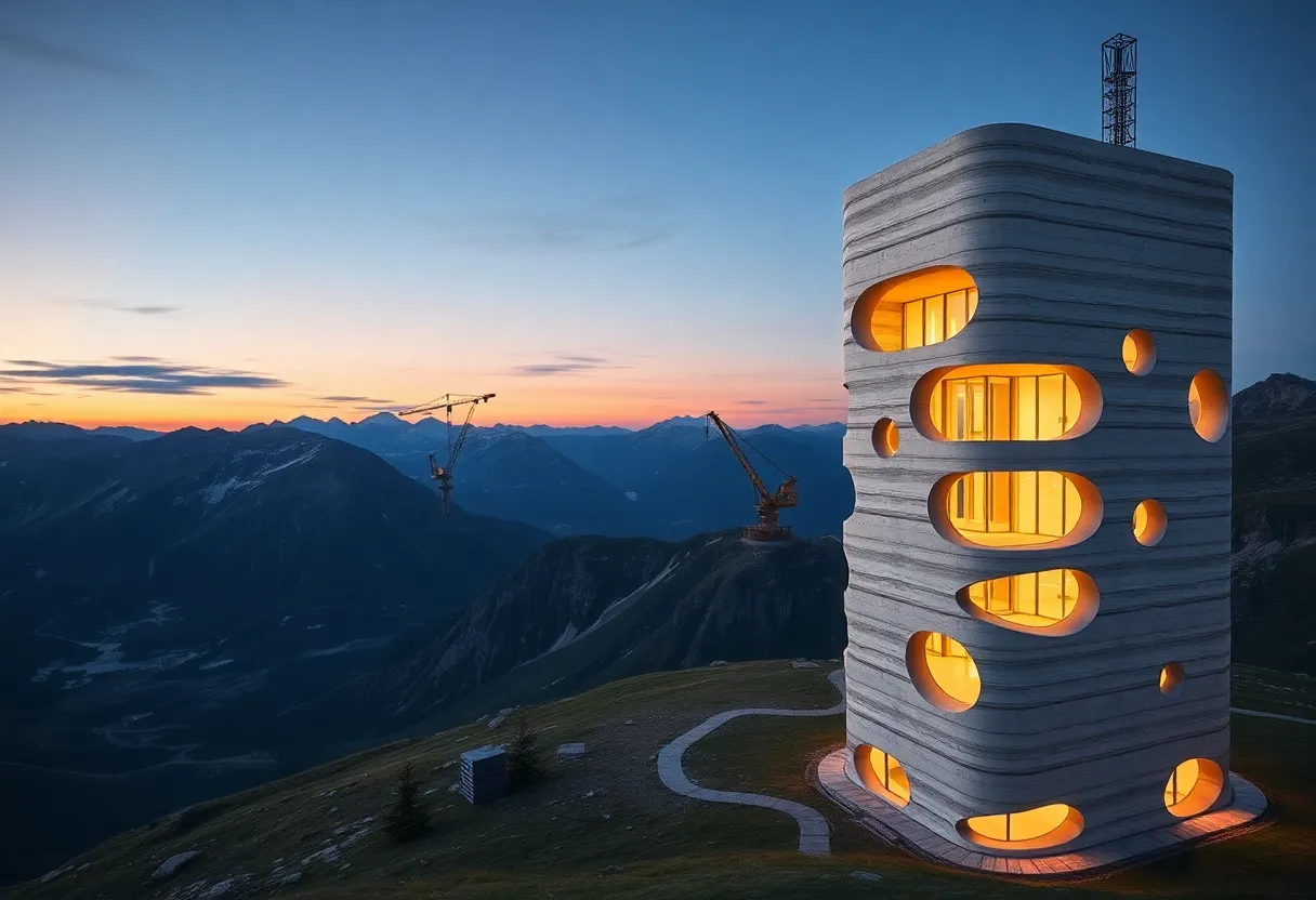 White modular 3D‑printed concrete tower on the Julier Pass with layered printed texture and twisting columns