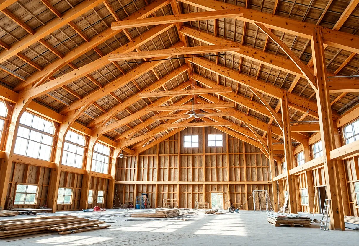 Construction site of the Upper Macungie Township Indoor Soccer Facility showing timber framing