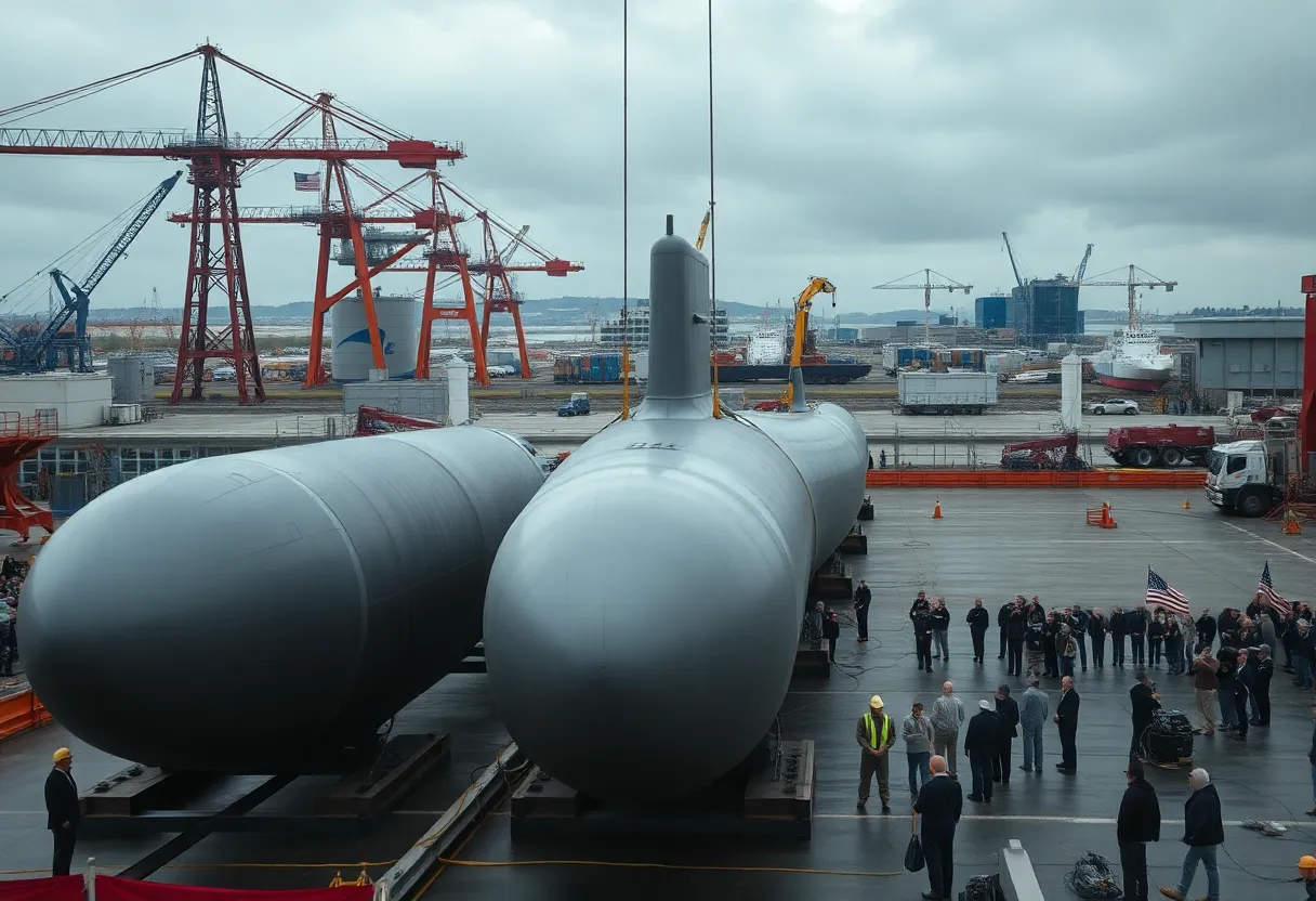Ceremonial keel laying for USS Wisconsin at shipyard with submarine hull sections, cranes and spectators.