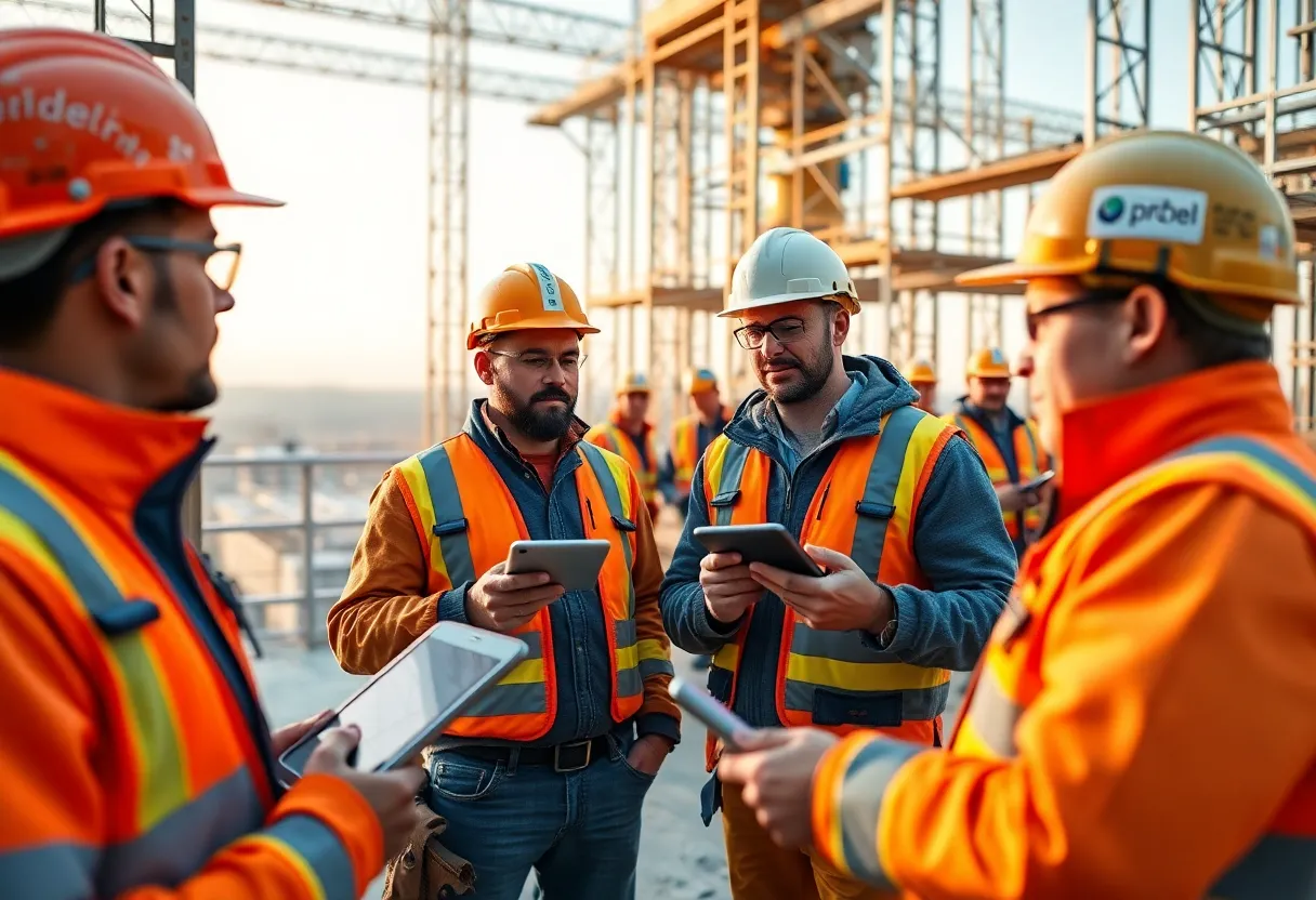 Tradespeople on a European construction site using voice-activated devices with AI data overlays