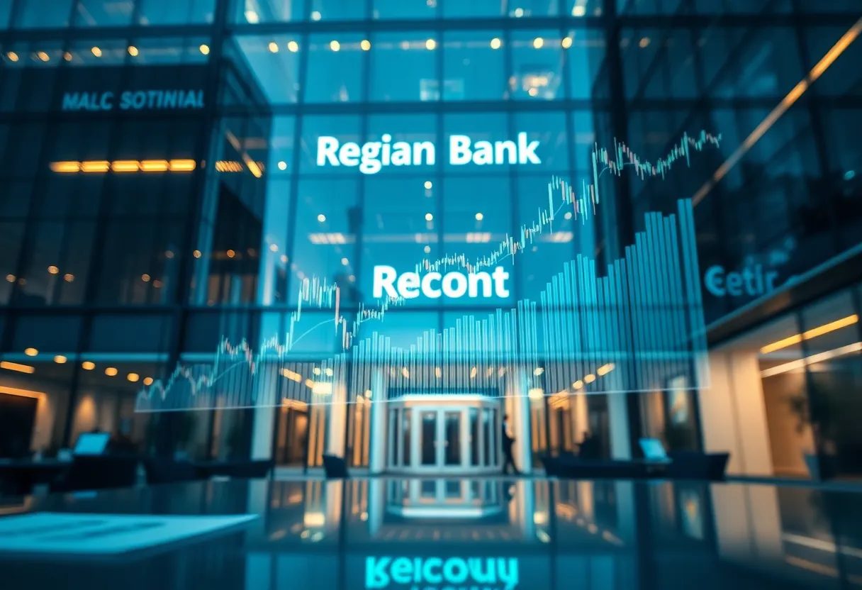 Regional bank headquarters with overlaid stock charts representing institutional investment