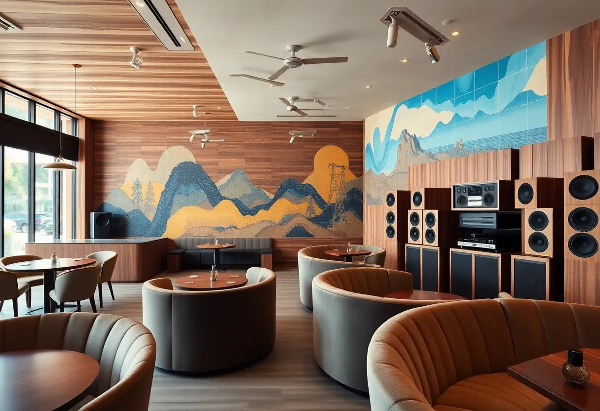 Interior of a West Hollywood restaurant with adjacent vinyl listening lounge, walnut finishes and custom speakers