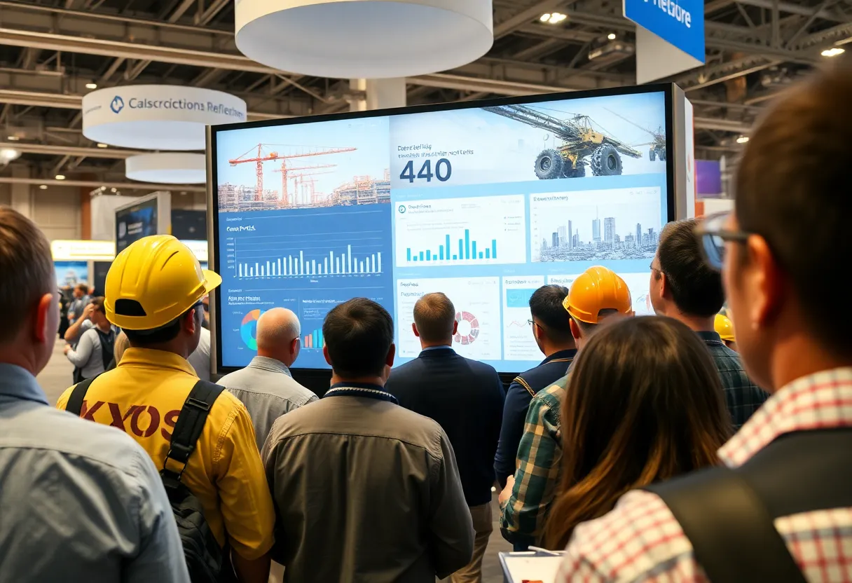 Conference booth showing AI-driven construction software dashboard with contractors viewing project P&L and multi-project tools