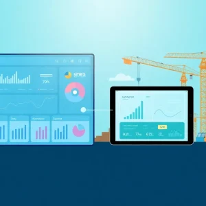 Dashboard and construction site linked by cloud data flow illustrating capital planning and execution integration