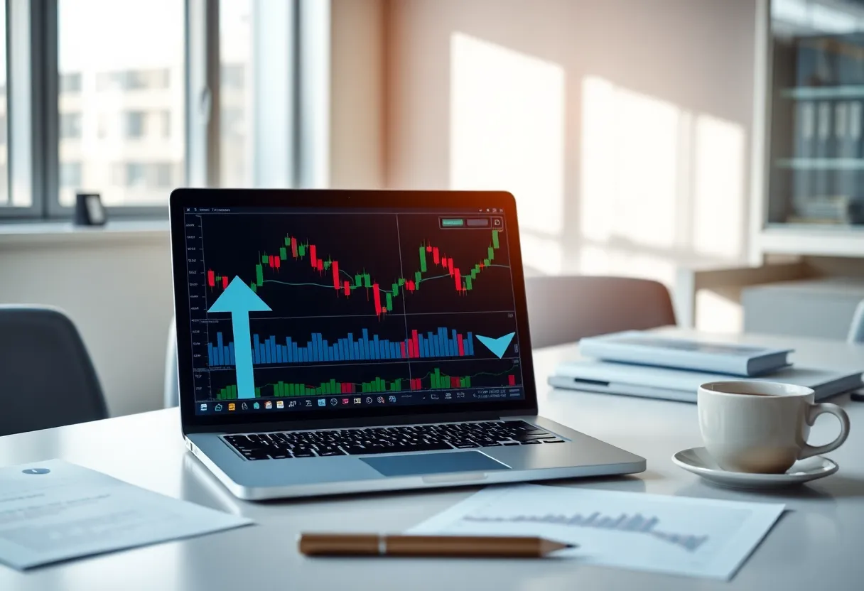 Laptop displaying stock charts with up and down rating arrows representing conflicting analyst ratings
