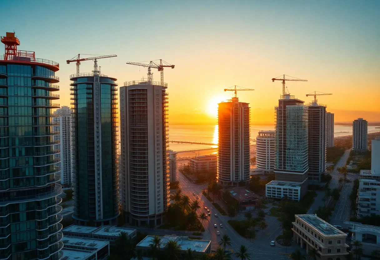 South Florida skyline with luxury towers under construction, cranes and waterfront views