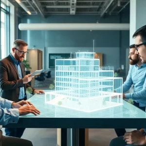 Engineers and architects reviewing a 3D BIM model of a green building on a large display
