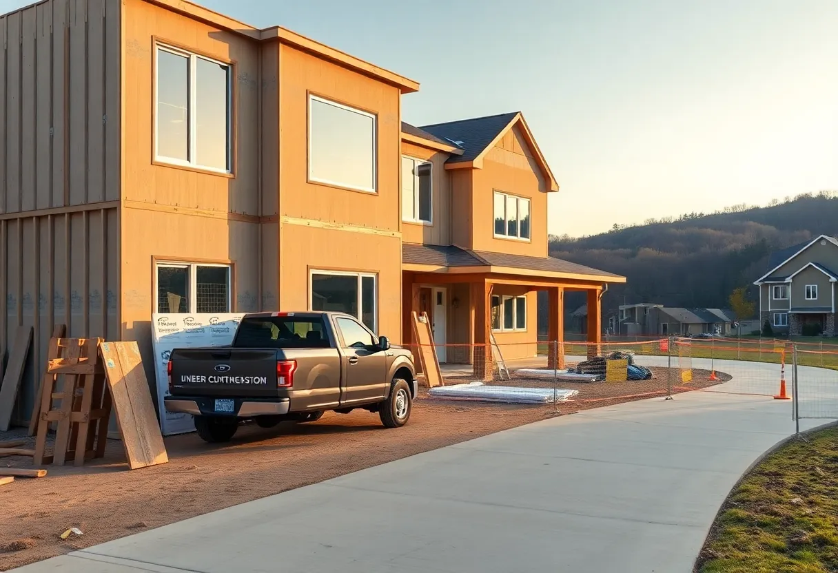 Mid-construction custom home in a Chattanooga-area neighborhood with protective dust barriers and staged materials.