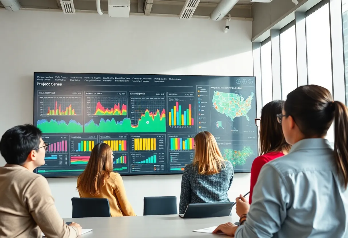 Interactive digital dashboard showing multiyear capital budgets, maps and funding allocation overlays in a municipal planning office