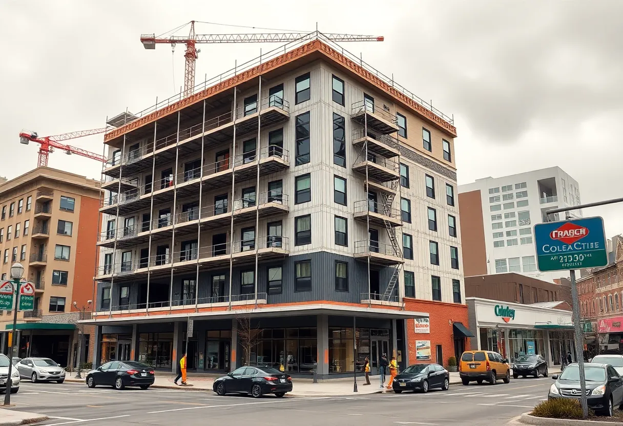 Construction of a seven-story mixed-use apartment building at 99 Southgate Avenue in Daly City with podium garage and nearby shopping center