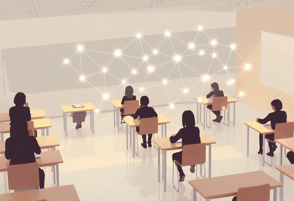 Students in a classroom connected by a glowing network graph overlay representing social interactions and data