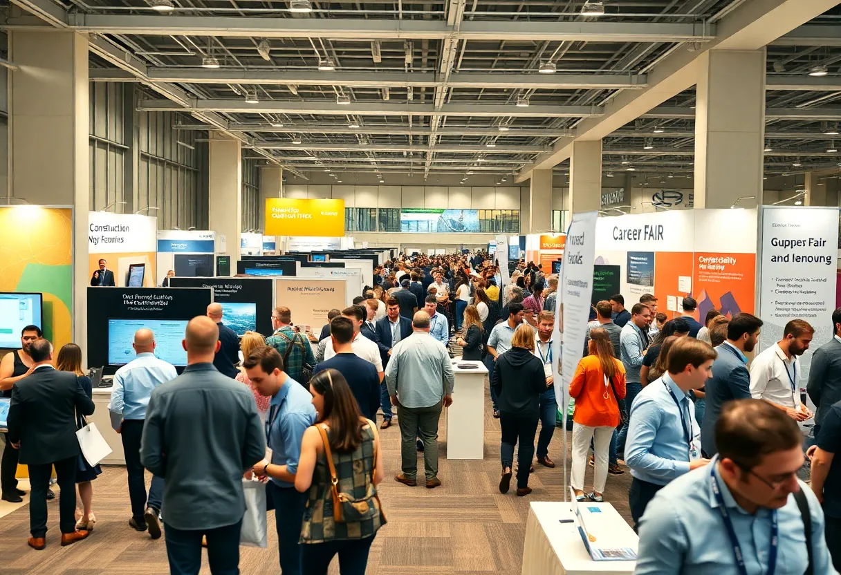 Attendees exploring construction technology and career booths at a university summit expo