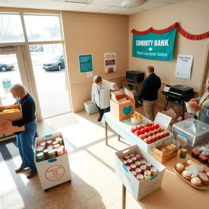 Volunteers placing donation boxes and cupcakes on a table inside a local bank lobby during a community drive and centennial event.