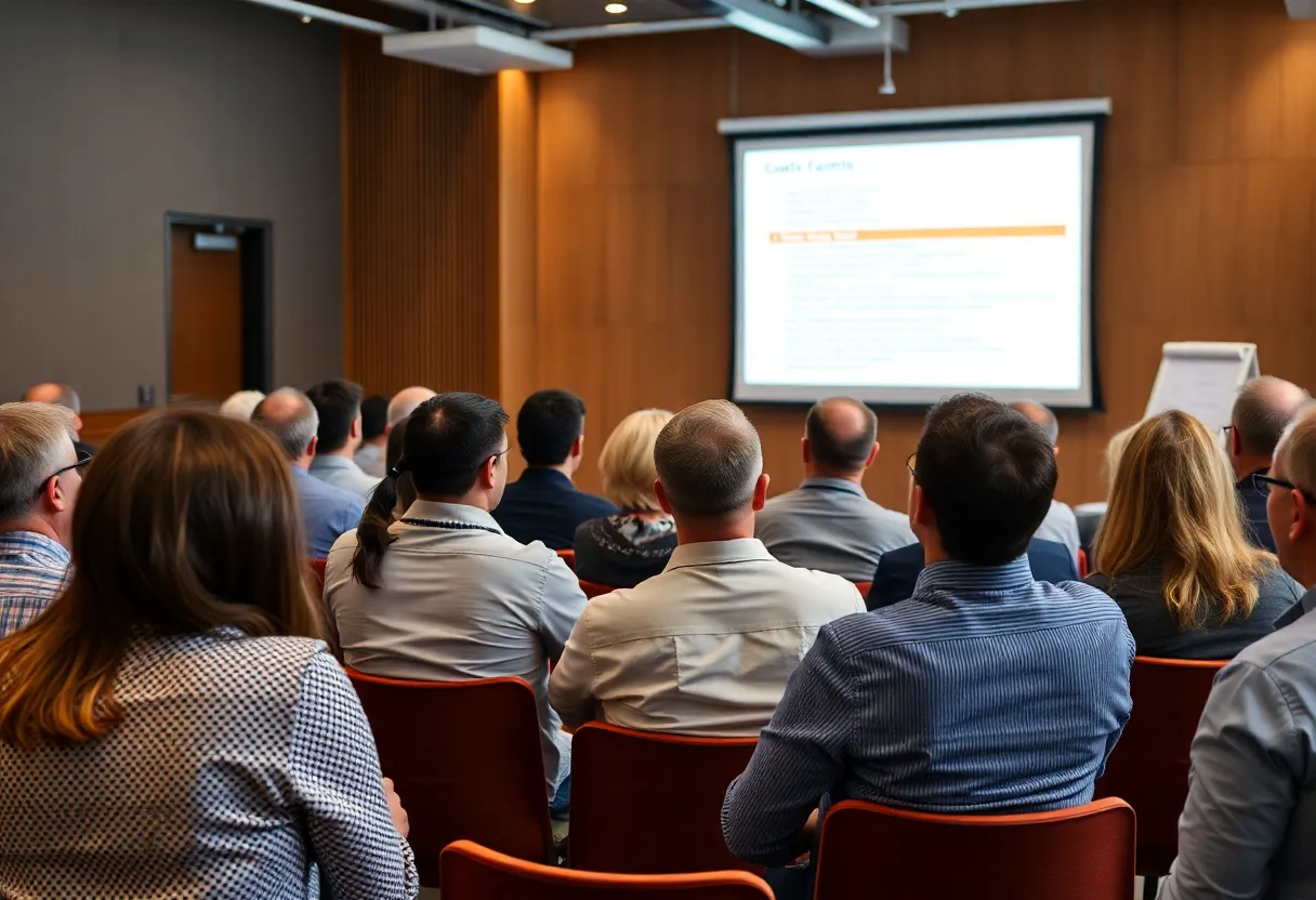 Participants at the Construction Contract Disputes Seminar in Fargo discussing legal issues.