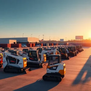 Rows of new compact construction machines at a dealer lot with factory buildings in the background