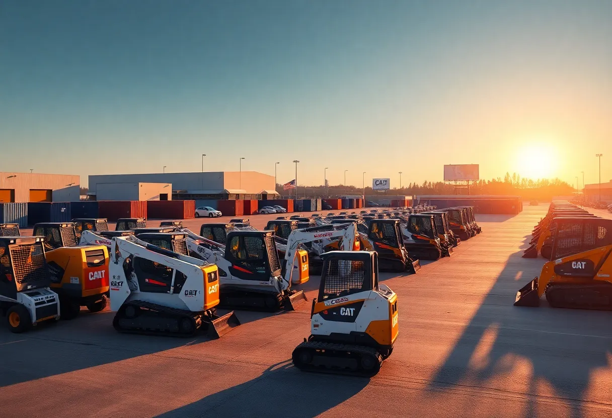 Rows of new compact construction machines at a dealer lot with factory buildings in the background