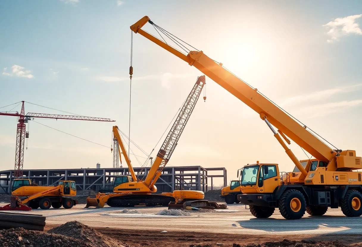 Image of cranes and machinery on a construction site representing rental equipment