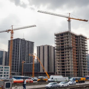 Construction workers on a site with cranes and unfinished buildings.