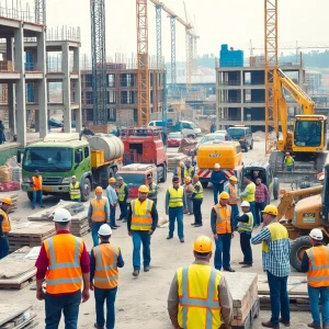 Construction workers of various nationalities working together at a construction site