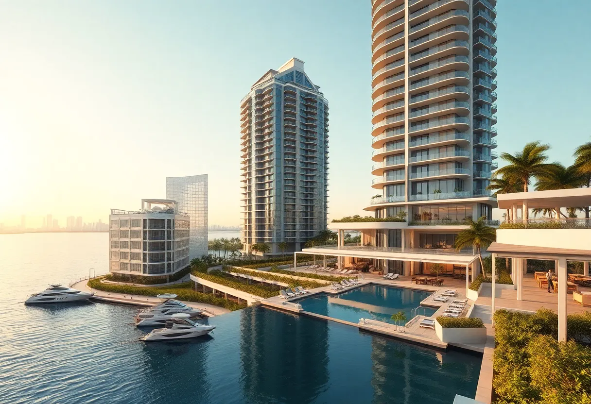 Rendering of 40‑story Cove Miami luxury condominium on Biscayne Bay with glass facades, terraces and infinity pool