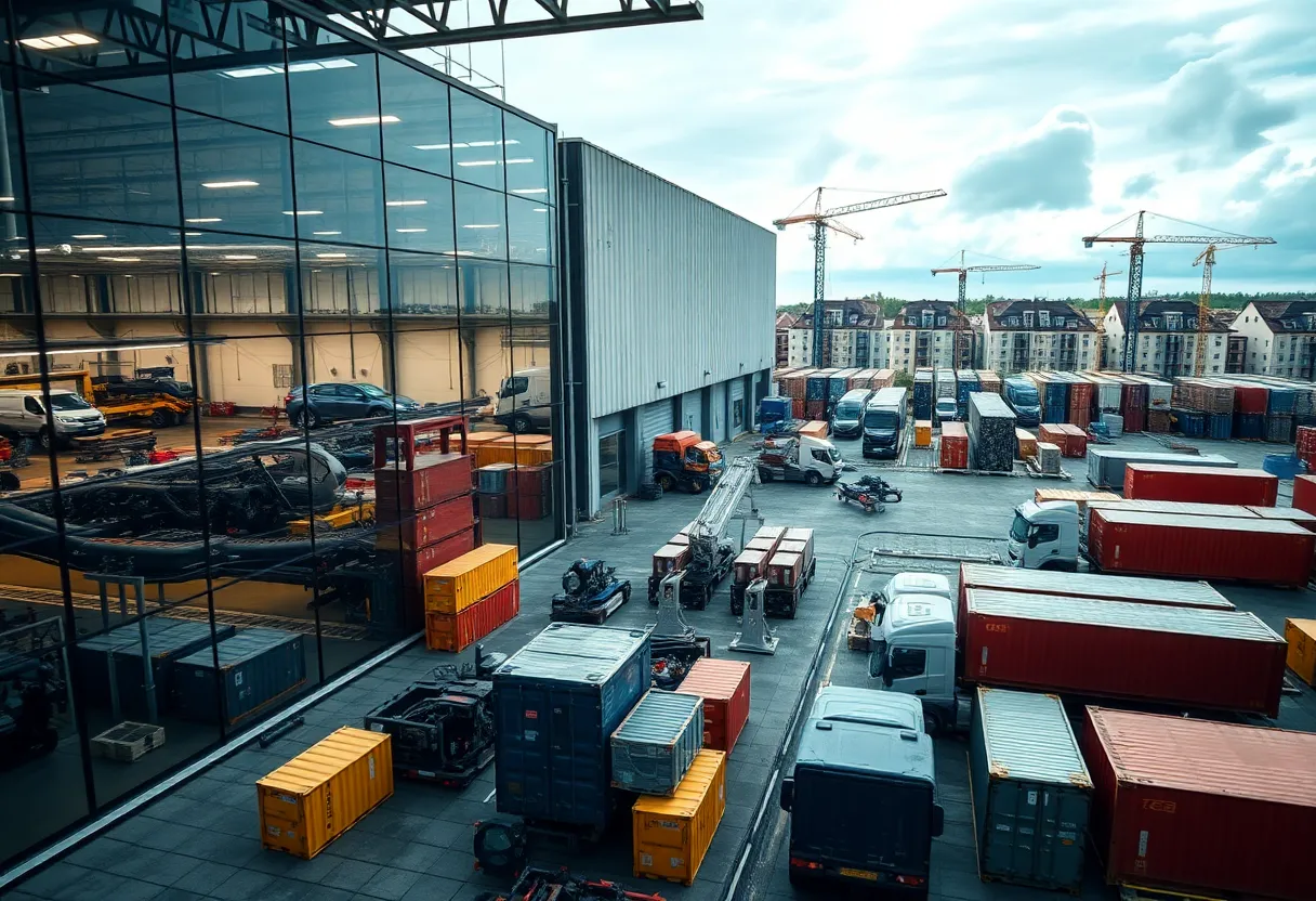 Modern Czech factory and construction site with assembly line, machinery, shipping containers and cranes