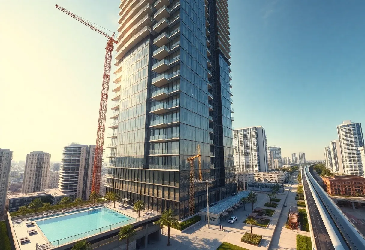 Rendering of 35-story Domus Brickell Center under construction with glass façade and rooftop pool