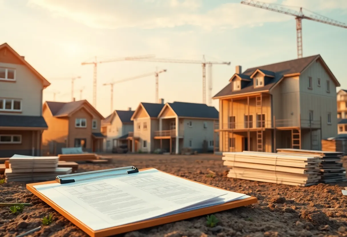 Residential and multifamily construction site with cranes and loan documents in the foreground