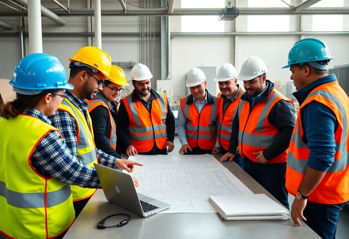 Diverse group of electrical apprentices in hard hats reviewing plans during project management training
