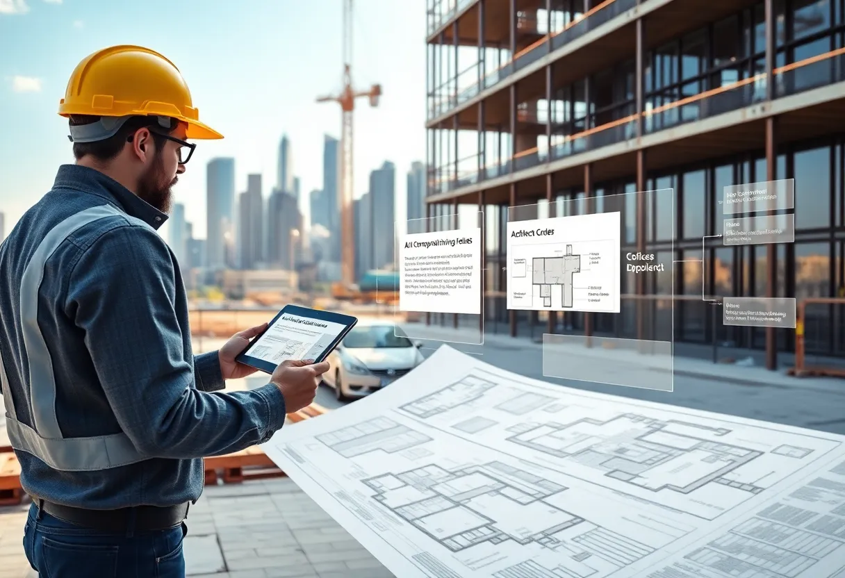 Construction site with digital plan overlays and AI annotations viewed by architects on tablets