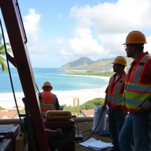 Construction site in Hawaii with workers and equipment