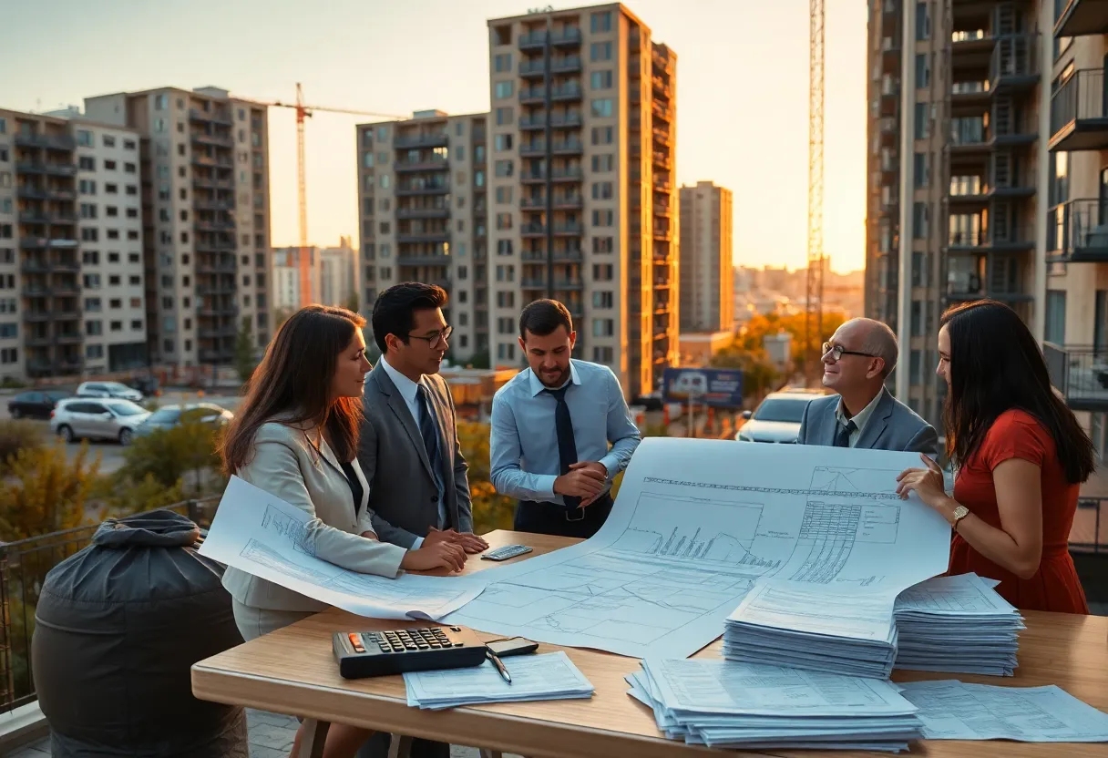 Developers and lenders reviewing blueprints and financial documents at a multifamily apartment renovation site