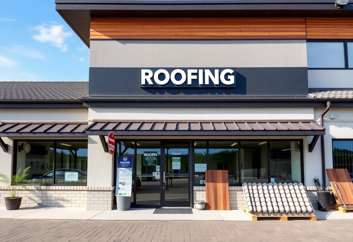 Exterior view of Lone Wolf Roofing office with roofing materials displayed.