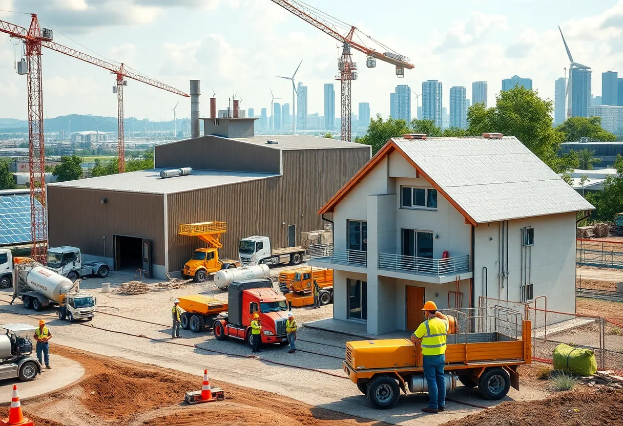 Low-carbon cement production facility and a completed 3D-printed family house assembled on site