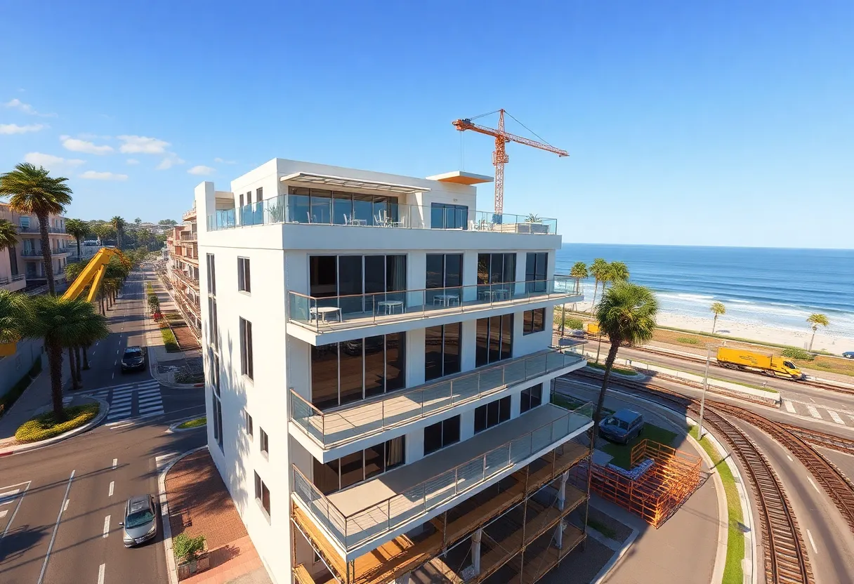 Rendering of a 3-4 story Marriott Tribute hotel with rooftop terrace near Santa Barbara beachfront