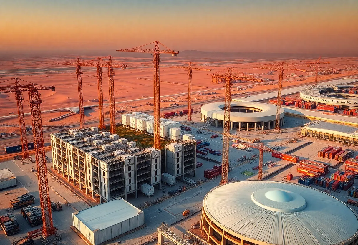 Panoramic skyline of a Middle East construction zone with cranes, modular units, stadium and airport under construction