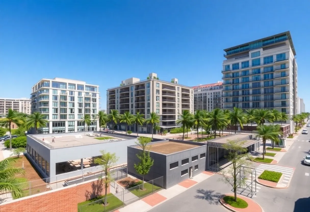 Rendering of a mid-rise apartment building with rooftop pool, public park and parking garage in downtown Boca Raton
