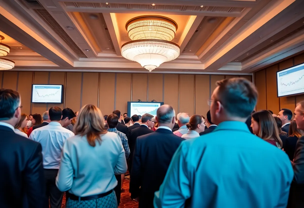 Groups of lenders and originators discussing servicing, growth and market data at a mortgage industry conference in a hotel ballroom