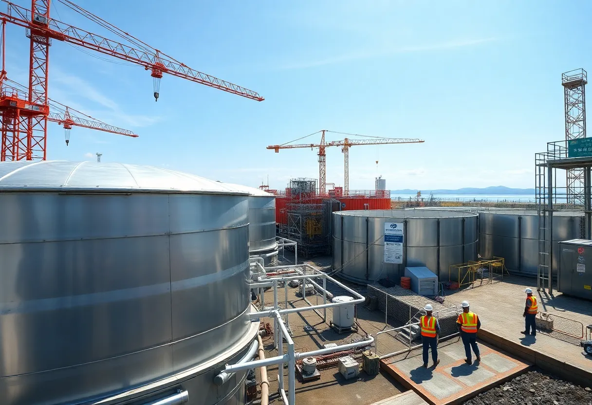 Land-based salmon farming facility in Ningbo during expansion with RAS tanks and construction cranes
