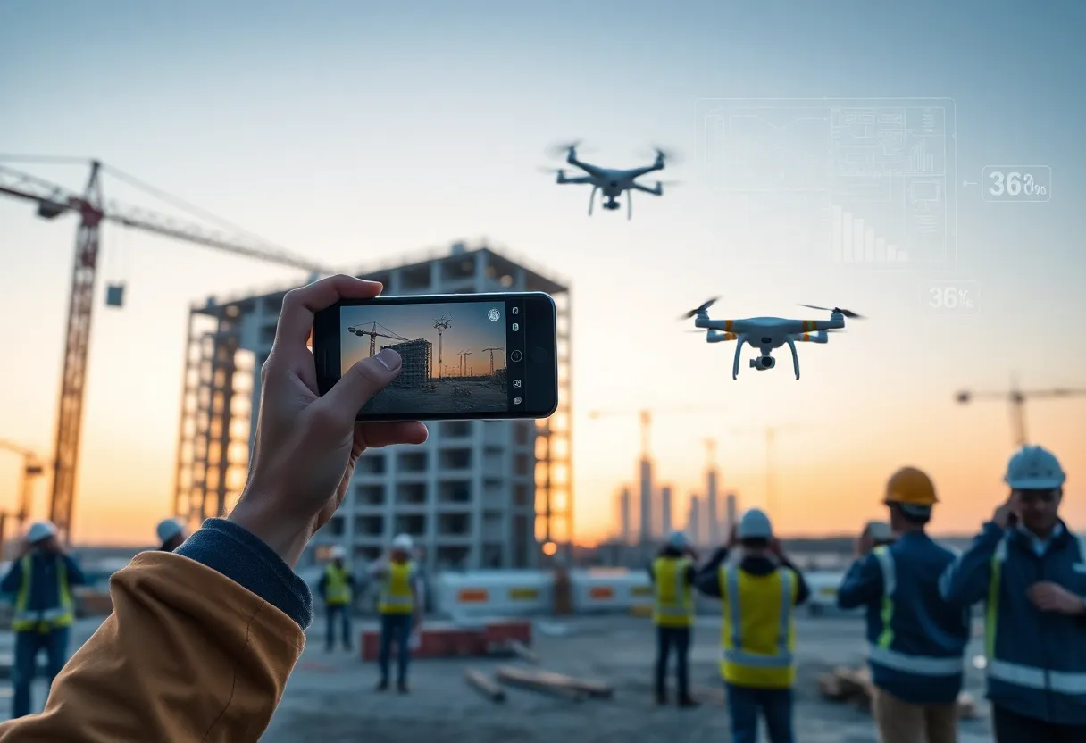 Construction site with workers using smartphones, drones and BIM overlays showing progress tracking