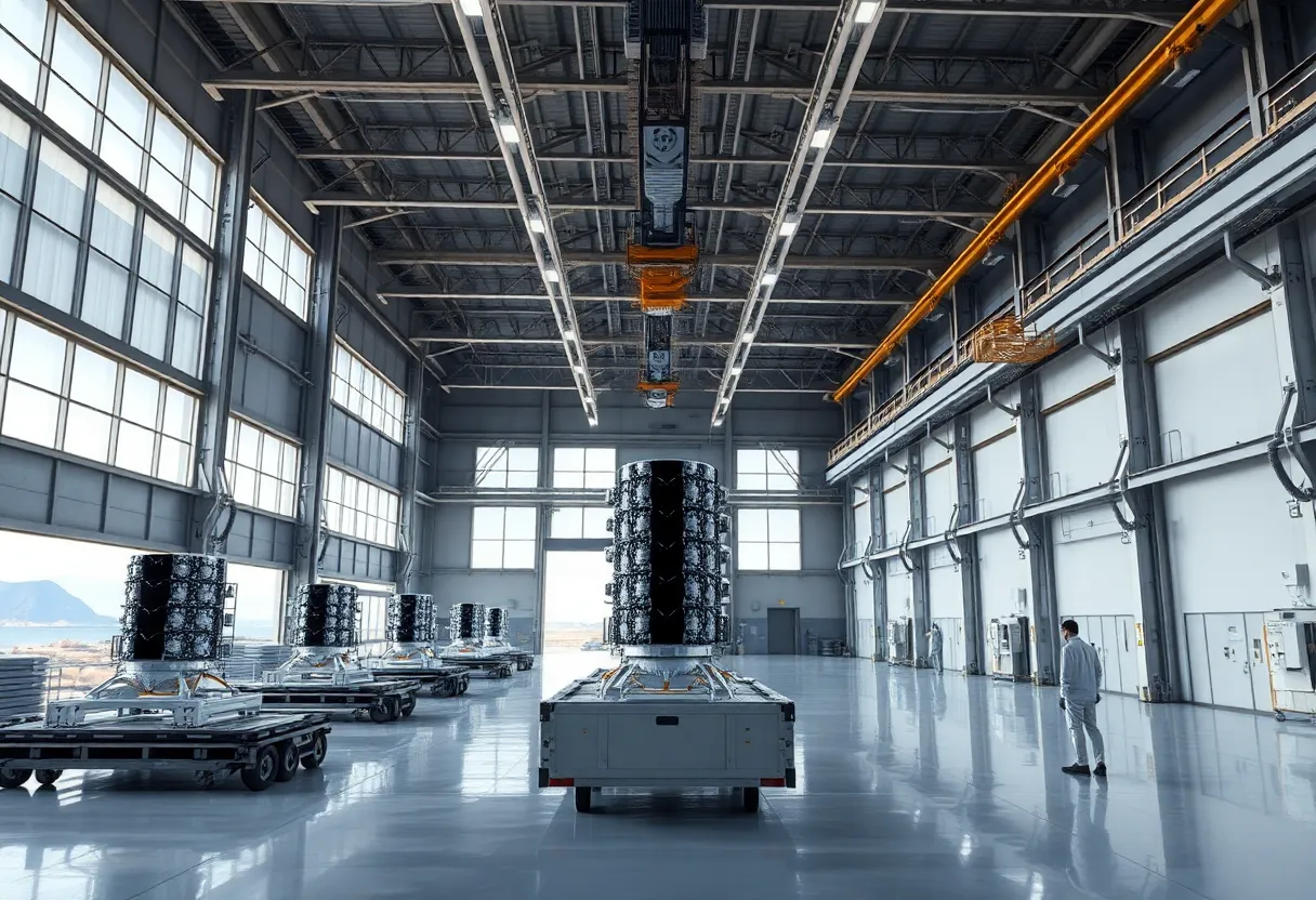 Interior of Palm Bay satellite manufacturing facility with high bays, overhead cranes, and satellite integration platforms