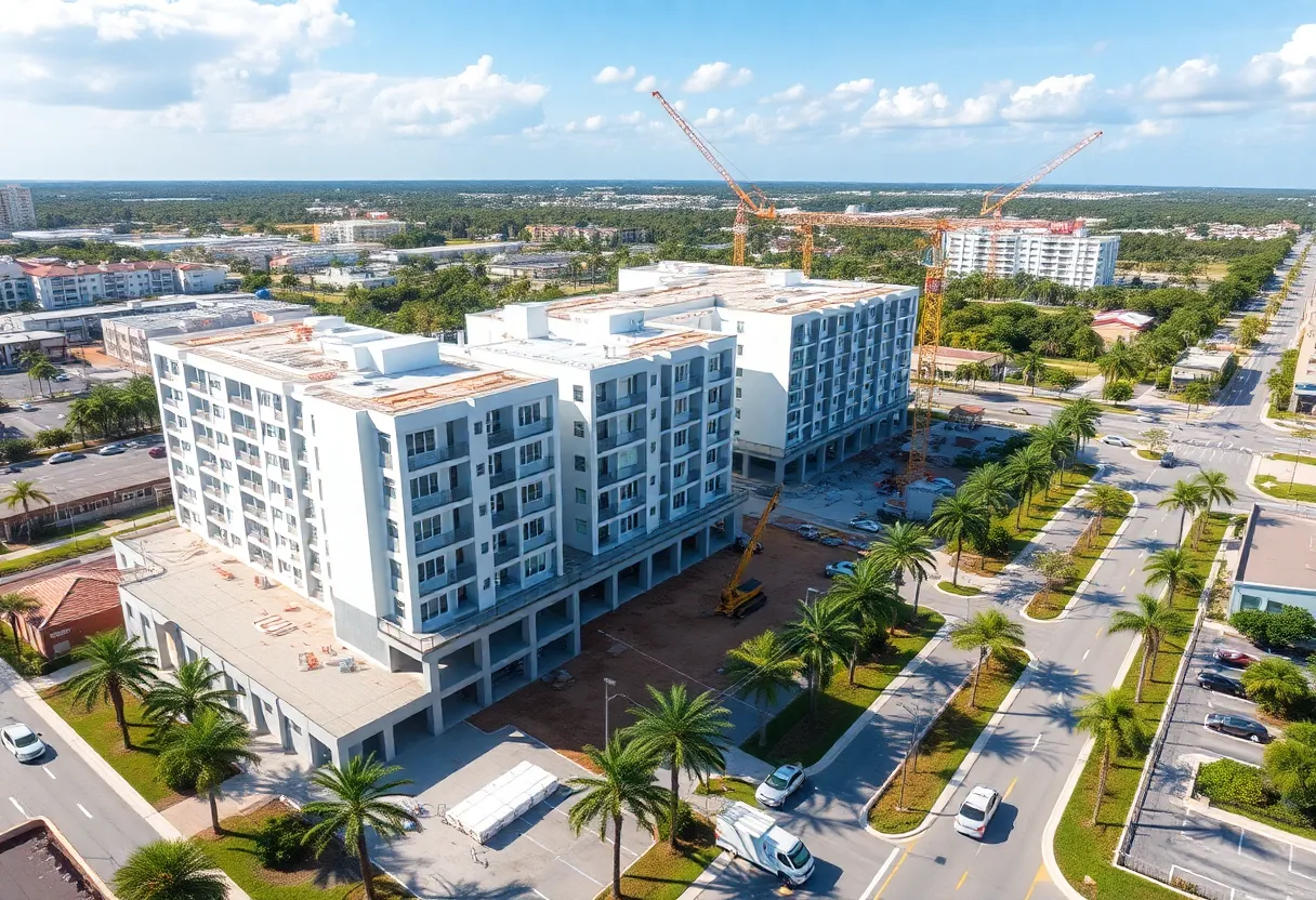 Rendering of Parks at Davie: four five-story residential buildings, clubhouse and retail adjacent to a college campus