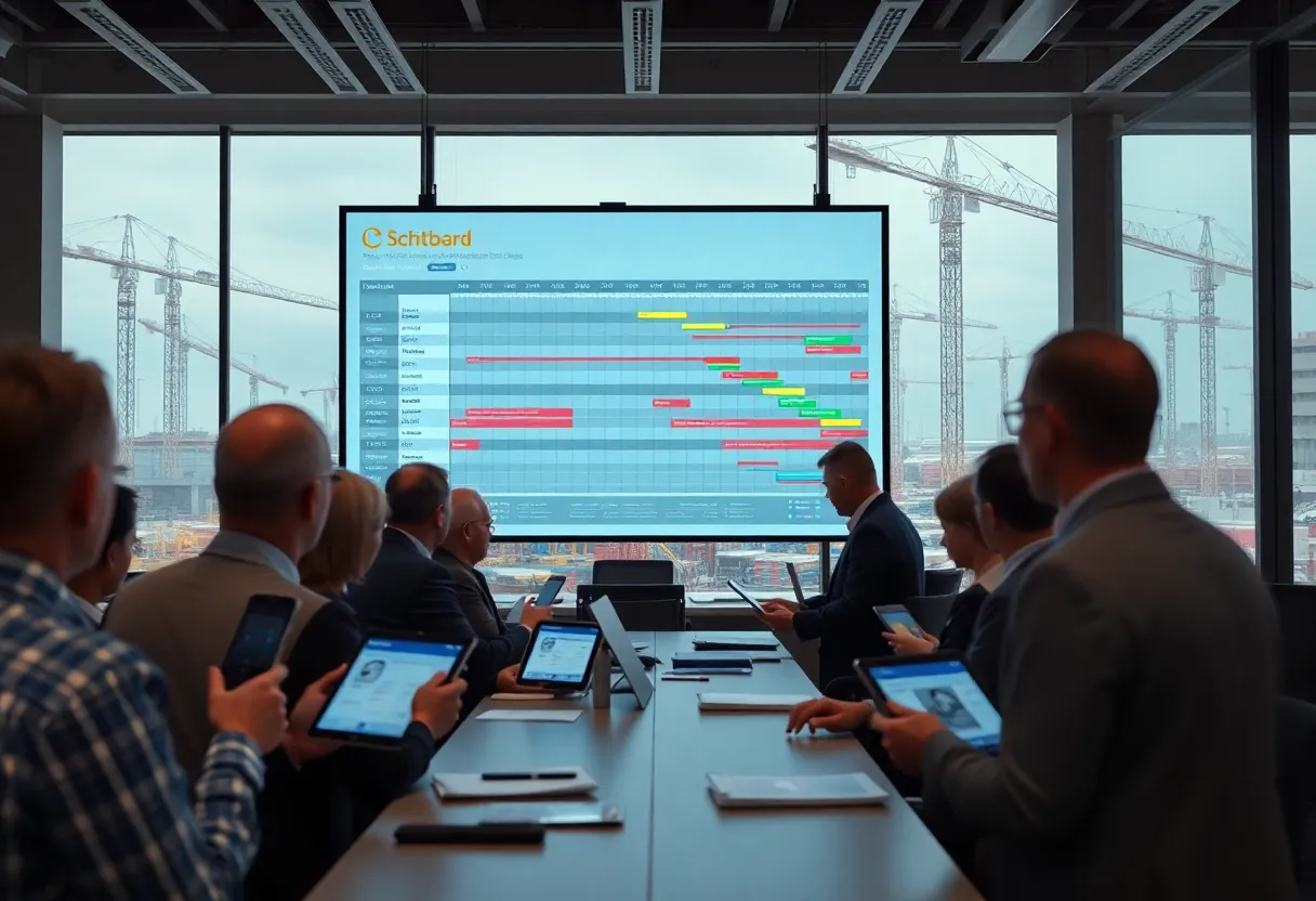 Digital construction schedule with minute-level timelines and shift lanes displayed on a large screen at a jobsite office