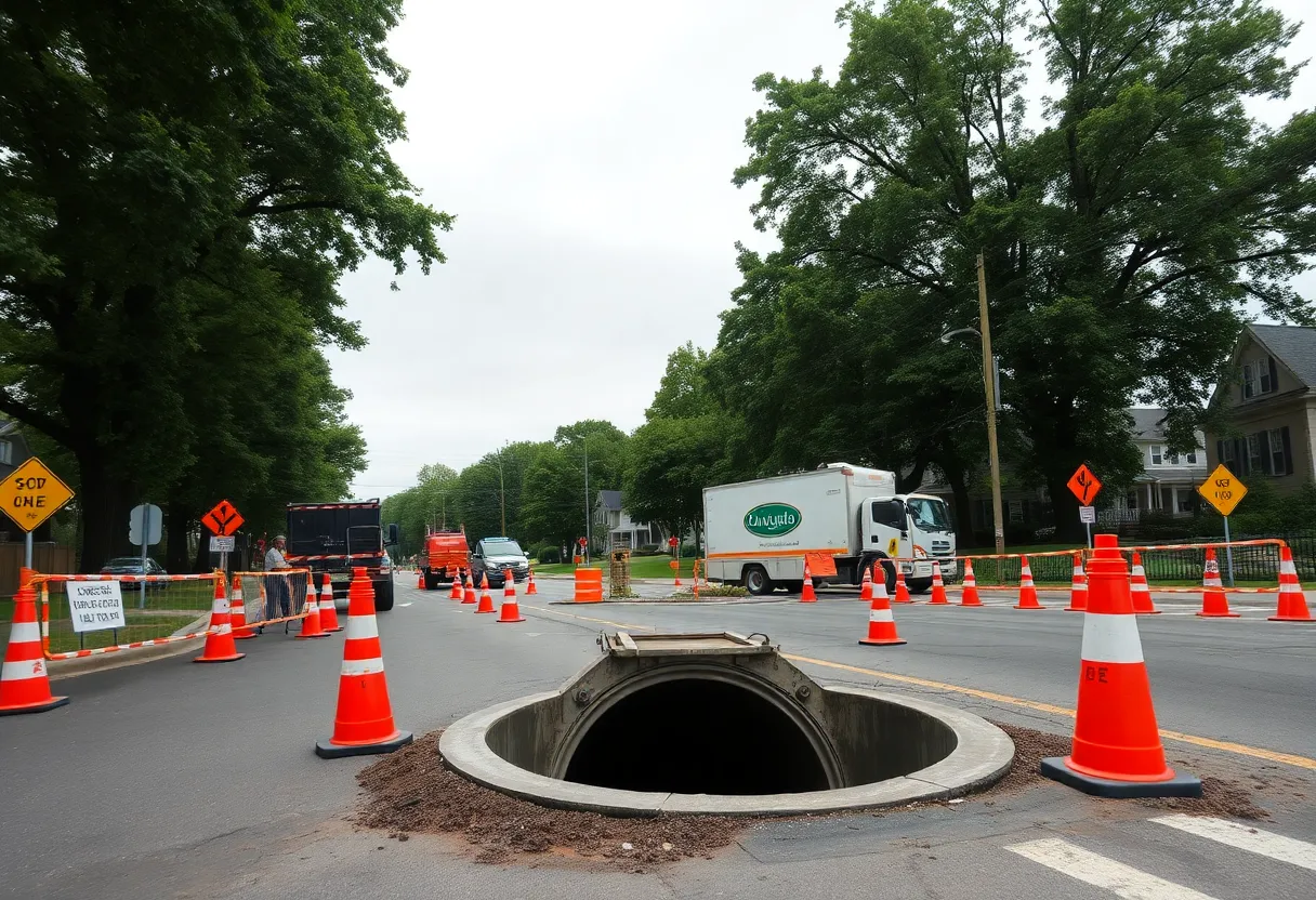 Municipal crew using trenchless equipment and safety barriers on a residential Princeton street during sewer rehabilitation work