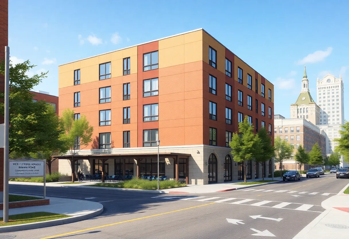 Rendering of proposed five‑story Ramona Senior Housing building with a courtyard and paratransit pick‑up area at the Pasadena Civic Center